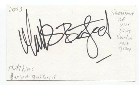 The Soundtrack Of Our Lives - Mattias Barjed Signed 3x5 Index Card Autographed