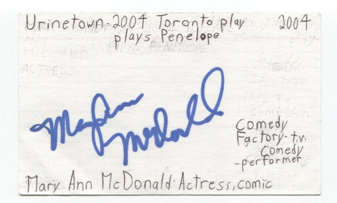 Mary Ann McDonald Signed 3x5 Index Card Autographed Signature Comedian Actress