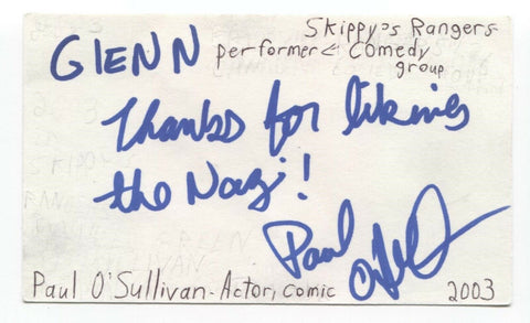 Paul O'Sullivan Signed 3x5 Index Card Autograph Signature Actor Comedian