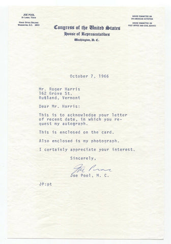 Joe R. Pool Signed Letter Autographed Signature Politician
