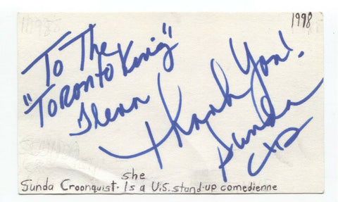 Sunda Croonquist Signed 3x5 Index Card Autographed Signature Comedian Actress