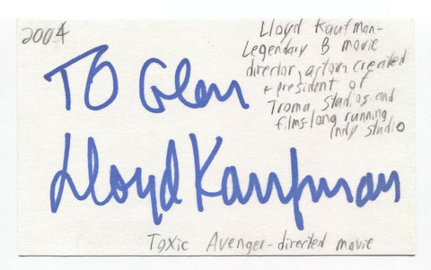 Lloyd Kaufman Signed 3x5 Index Card Autographed Signature Toxic Avenger