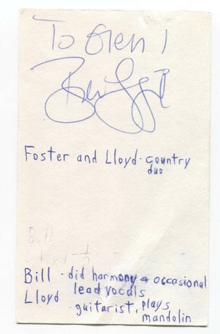 Foster and Lloyd - Bill Lloyd Signed 3x5 Index Card Autographed Signature