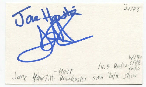 Jane Hawtin Signed 3x5 Index Card Autographed Canadian Radio Personality