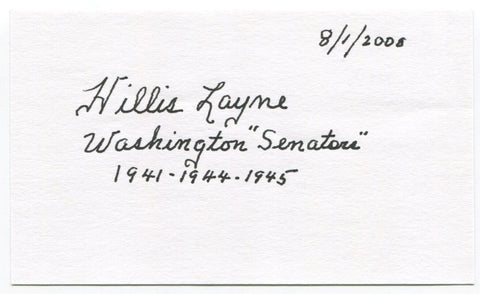 Hillis Layne Signed 3x5 Index Card Autographed Senator MLB Baseball Senators