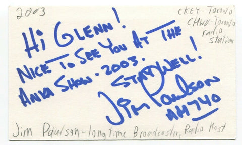Jim Paulson Signed 3x5 Index Card Autographed Canadian Broadcaster Radio Host