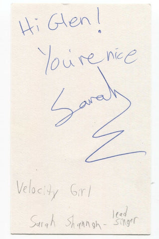 Velocity Girl - Sarah Shannon Signed 3x5 Index Card Autographed Signature