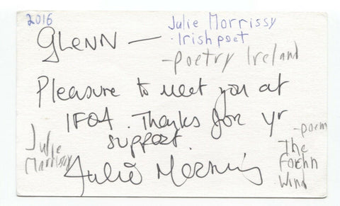 Julie Morrissy Signed 3x5 Index Card Autographed Signature Author Poet