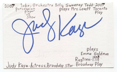 Judy Kaye Signed 3x5 Index Card Autographed Signature Actress