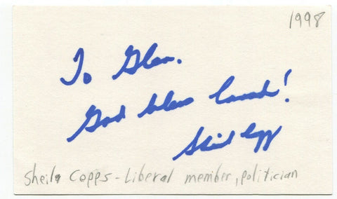 Sheila Copps Signed 3x5 Index Card Autographed Signature Deputy PM Politician