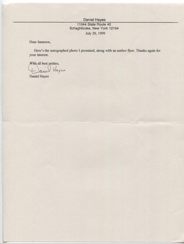 Daniel Hayes Signed Letter TLS Autographed Author Signature