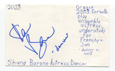 Shana Barone Signed 3x5 Index Card Autographed Actress Grease Play