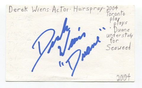 Derek Wiens Signed 3x5 Index Card Autograph Actor Hairspray