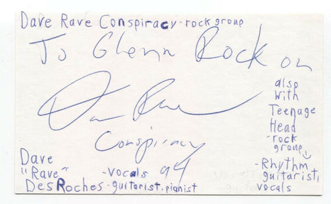 Teenage Head - Dave "Rave" Desroches Signed 3x5 Index Card Autographed Band