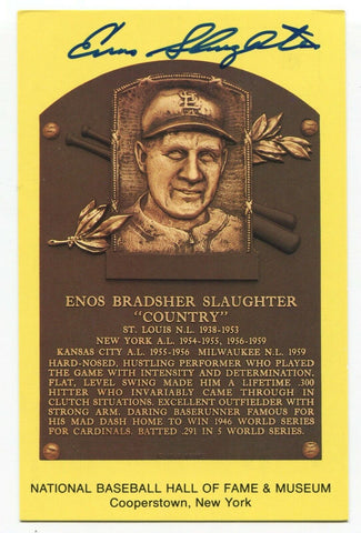 Enos Slaughter Signed Gold HOF Plaque Baseball Hall of Fame Autographed Postcard