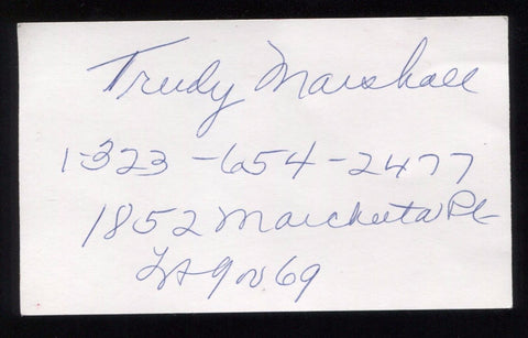 Trudy Marshall Signed 3x5 Index Card Inscribed Vintage Autographed Signature