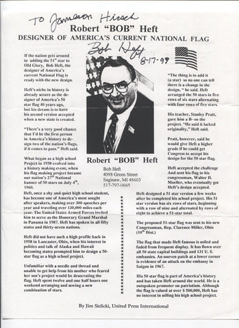 Robert Heft Signed Biography Sheet Autographed Signature Flag Designer Bob