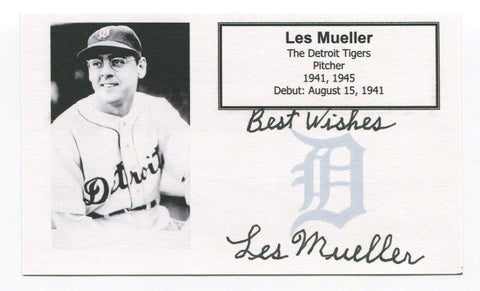 Les Mueller Signed 3x5 Index Card Autographed MLB Baseball 1945 Detroit Tigers
