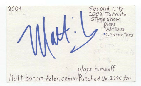 Matt Baram Signed 3x5 Index Card Autographed Signature Actor Comedian