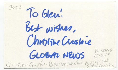 Christine Crosbie Signed 3x5 Index Card Autographed Canadian Global News Anchor