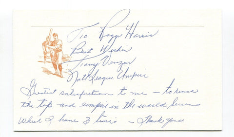 Tony Venzon Signed Card Autograph Baseball Umpire Roger Harris Collection SCARCE