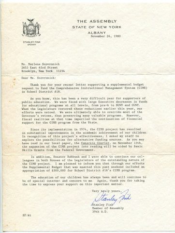 Stanley Fink Signed Letter Autographed Signature New York Politician