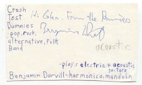 Crash Test Dummies - Benjamin Darvill Signed 3x5 Index Card Autographed