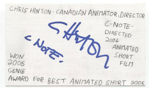 Chris Hinton Signed 3x5 Index Card Autograph Signature Animator Director