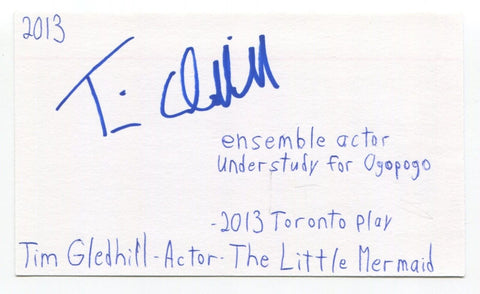 Timothy Gledhill Signed 3x5 Index Card Autograph Actor Little Mermaid Tower Prep