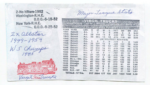 Virgil Trucks Signed Stat Sheet Cut Autographed Baseball Signature NO HITTER