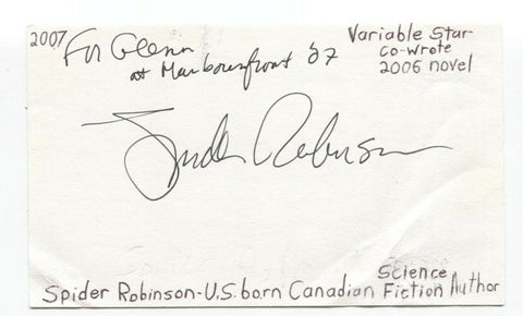 Spider Robinson Signed 3x5 Index Card Autographed Science Fiction Author Writer