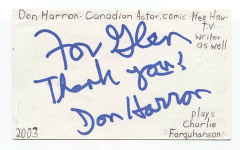 Don Harron Signed 3x5 Index Card Autograph Signature Actor