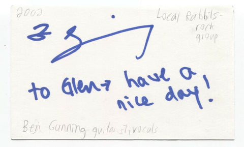 Local Rabbits - Ben Gunning Signed 3x5 Index Card Autographed Signature
