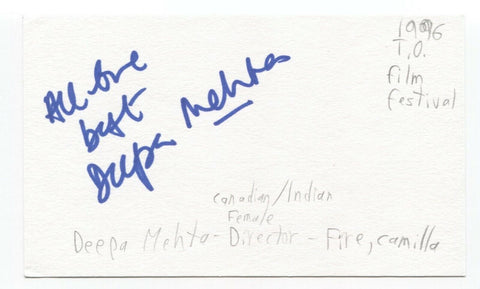 Deepa Mehta Signed 3x5 Index Card Autographed Director Bollywood/Hollywood