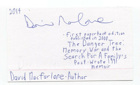 David Macfarlane Signed 3x5 Index Card Autographed Signature Author Journalist