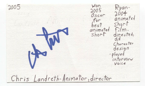Chris Landreth Signed 3x5 Index Card Autograph Signature Animator Director