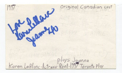 Karen LeBlanc Signed 3x5 Index Card Autographed Actress Trailer Park Boys