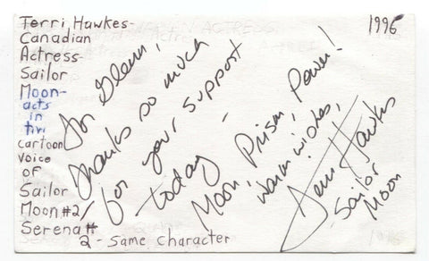 Terri Hawkes Signed 3x5 Index Card Autograph Signature Actress Sailor Moon Voice