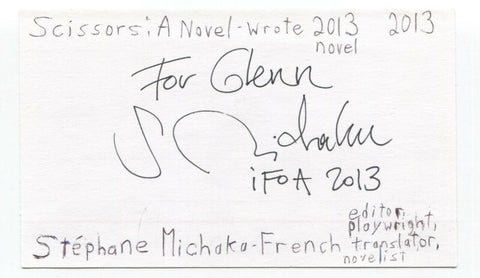 Stephane Michaka Signed 3x5 Index Card Autographed Signature Author Playwright