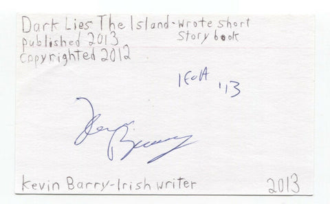 Kevin Barry Signed 3x5 Index Card Autographed Signature Author Writer