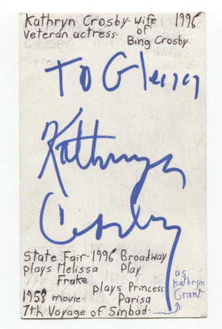 Kathryn Crosby Signed 3x5 Index Card Autographed Actress Signature