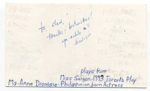 Ma-Anne Dionisio Signed 3x5 Index Card Autographed Miss Saigon Actress Singer