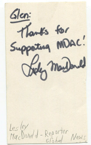 Lesley MacDonald Signed 3x5 Index Card Autographed Canadian Journalist Reporter