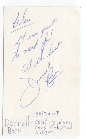 Darrell Barr Signed 3x5 Index Card Autographed Signature Singer Musician