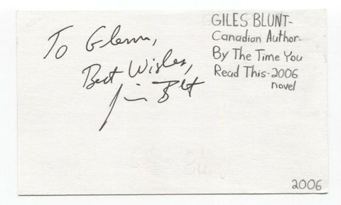 Giles Blunt Signed 3x5 Index Card Autographed Signature Author Writer