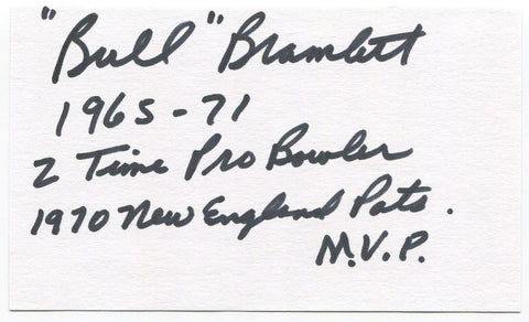 John "Bull" Bramlett Signed 3x5 Index Card Autographed Football Patriots MVP