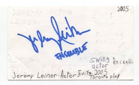 Jeremy Leiner Signed 3x5 Index Card Autographed Actor Evita