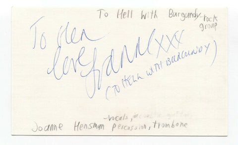 To Hell With Burgudy - Joanne Hensman  Signed 3x5 Index Card Autographed