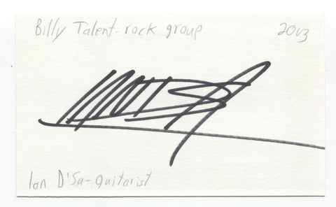 Billy Talent - Ian D'Sa Signed 3x5 Index Card Autographed Signature Guitarist