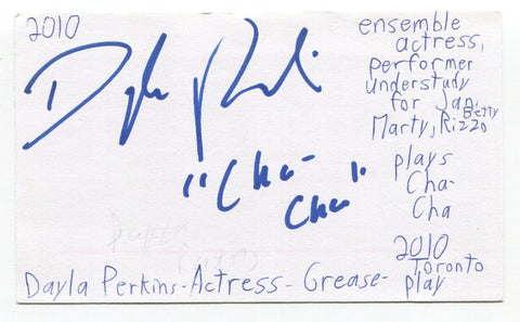 Dayla Perkins Signed 3x5 Index Card Autograph Actress Grease